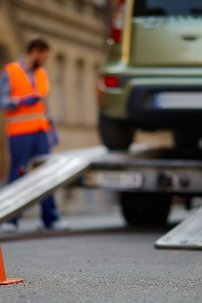 Selective focus on orange traffic road cone standing on asphalt protect roadway front of tow truck